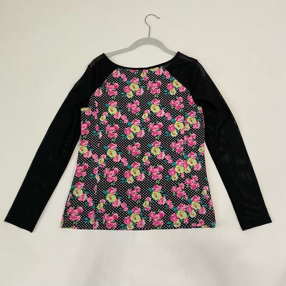 Betsey Johnson Blouse Long Mesh Sleeves Floral Polka dots Women's Size L - Picture 2 of 8